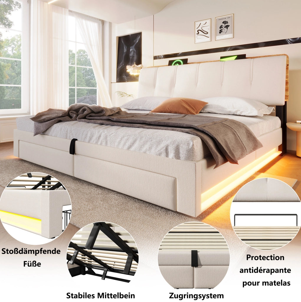 Letto imbottito con contenitore, USB e LED, 180x200 cm, beige
