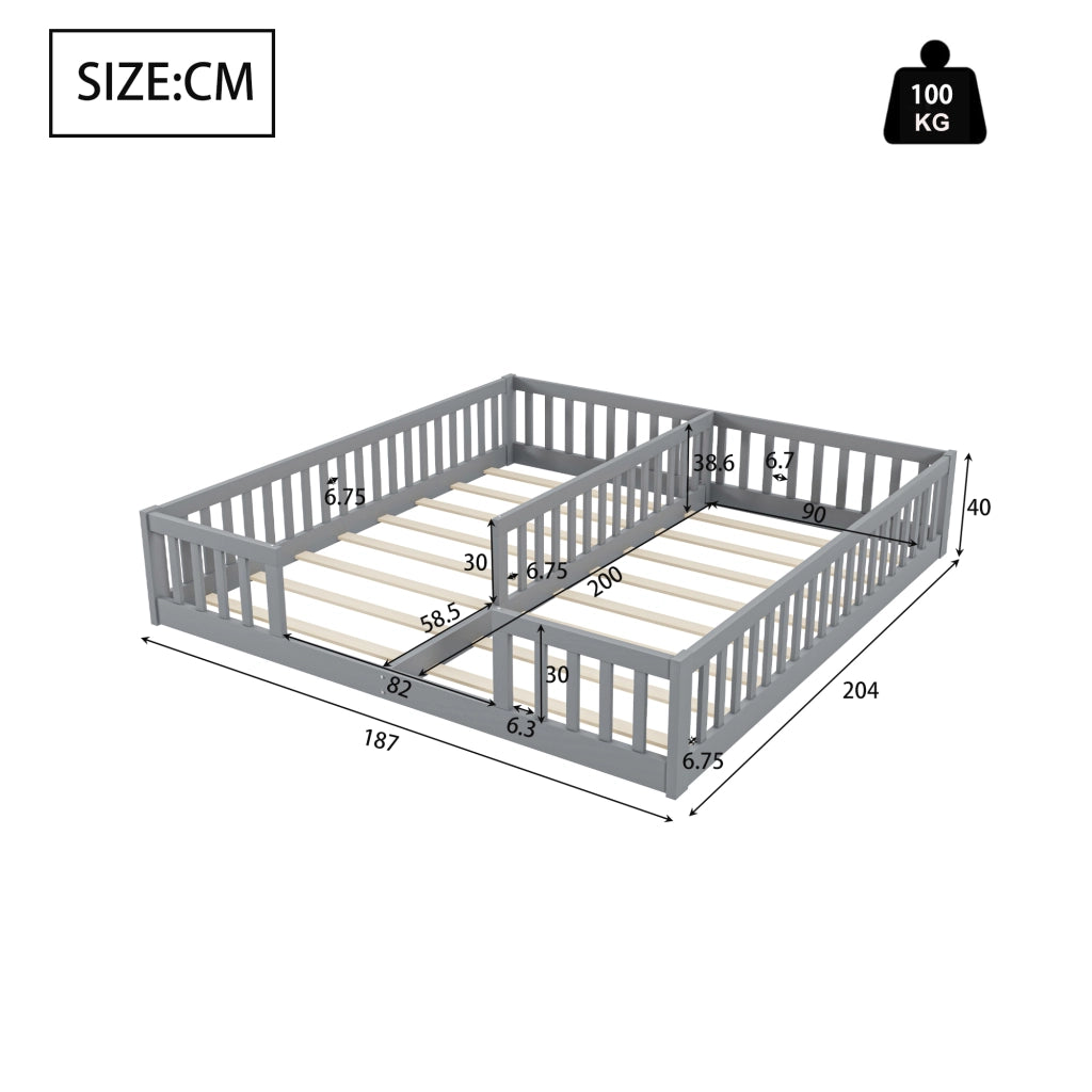Letto per bambini 90×200 cm; letto basso con sponda; senza materasso; in pino e MDF; per 2 bambini; grigio