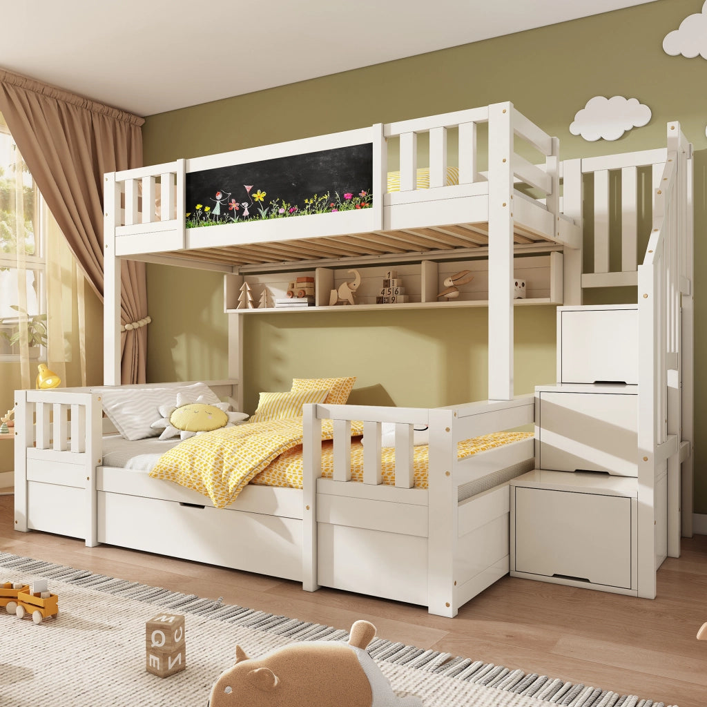 OKWISH Letto a Castello 90×200 cm e 140×200 cm, Letto 3 Posti con Contenitore, 2 Cassetti e Lavagna, senza Materasso, Bianco