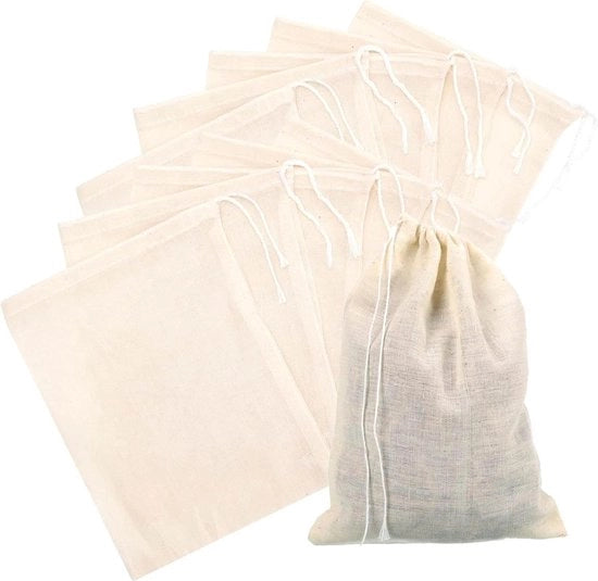 Set di 10 sacchetti a rete con cordino per lo struzzo del succo - 20 x 30 cm - Sacchetto per filtri di stoffa lavabile - Riciclabile per formaggi tè noci latte di noci zuppe yogurt tofu