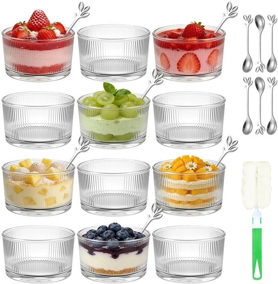 Porte dessert 200ml - 12 pezzi - Resistenti al lavastoviglie - Vetro robusto - Progetto vintage - Adatto per gelato e budino - Servizio dessert