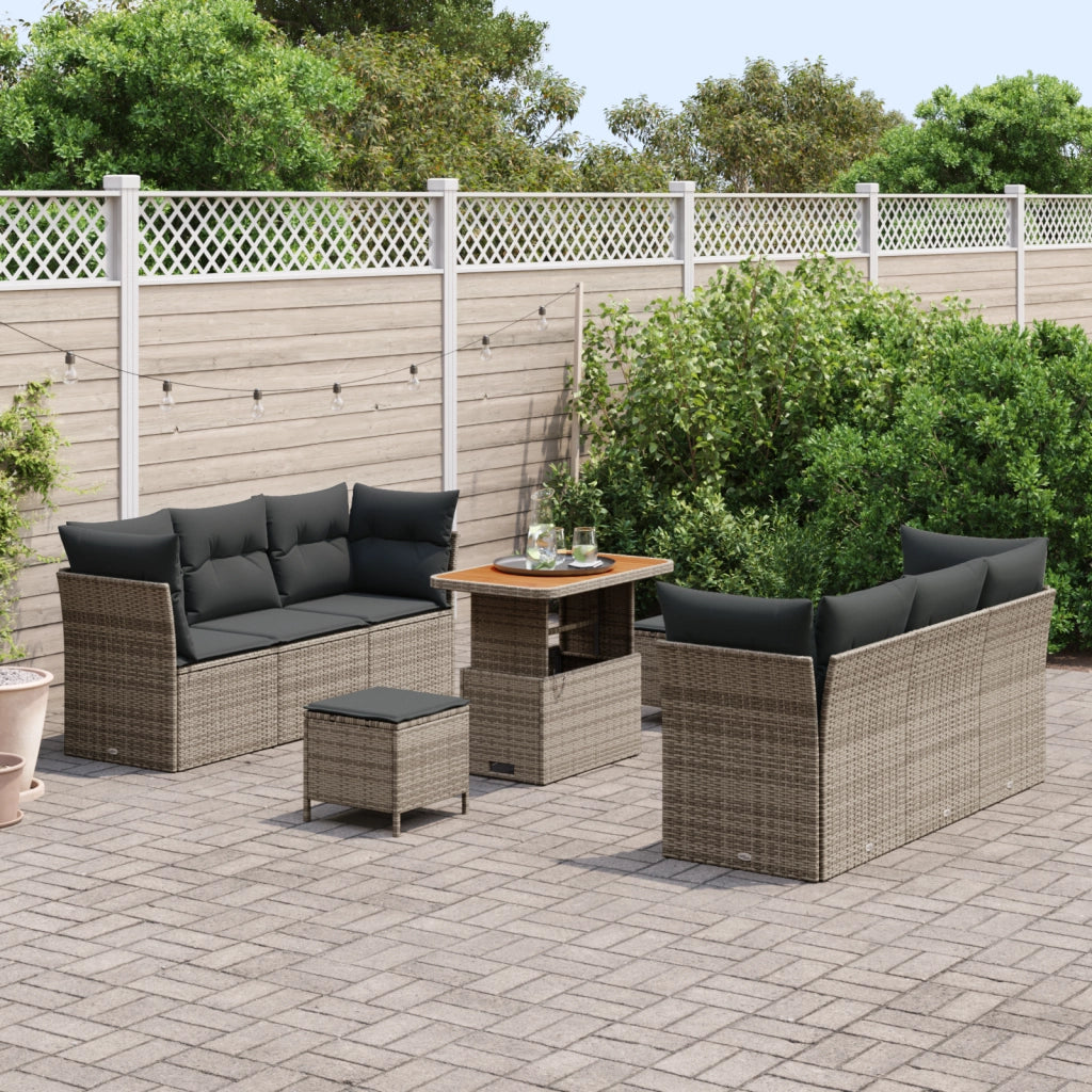 Set di divani da giardino da 9 pezzi con cuscini grigio polyrattan acacia