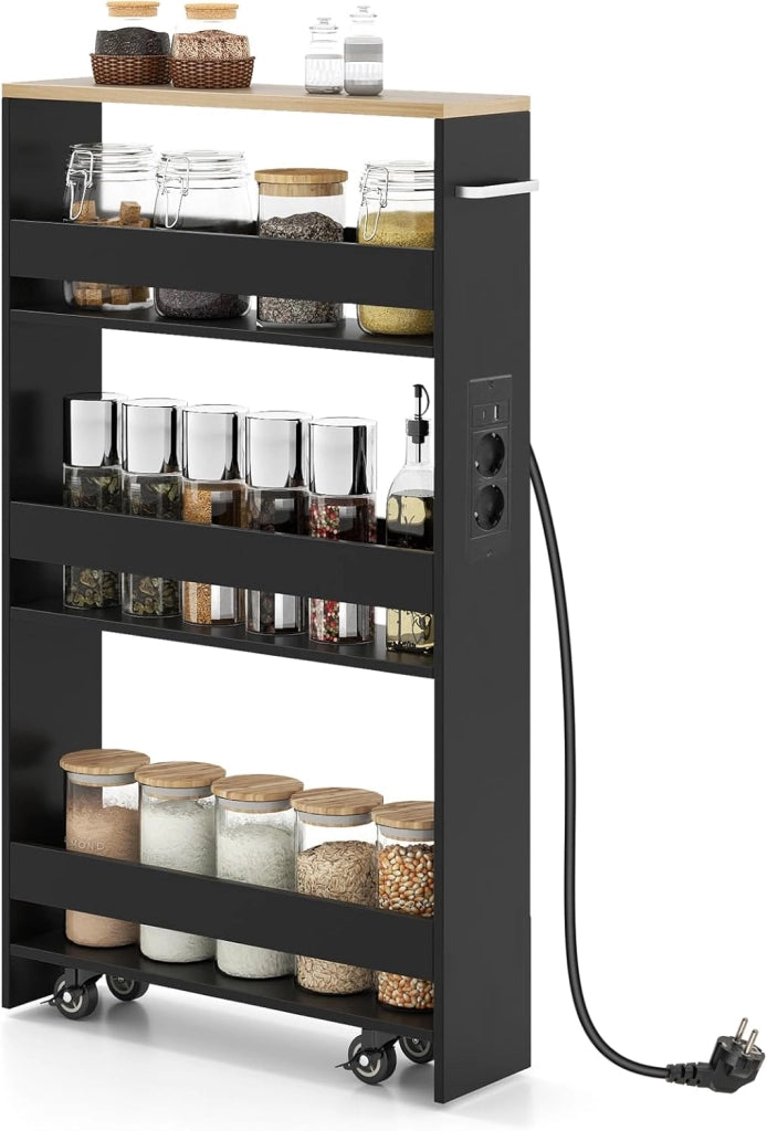 Scaffale per Nicchia da 20 cm di Larghezza, con Base di Ricarica, 4 Piani in Legno su Ruote, Scaffale Sottile per Cucina e Bagno, Carrello a Rotelle (Naturale+Nero, Largo 13 cm, con presa)