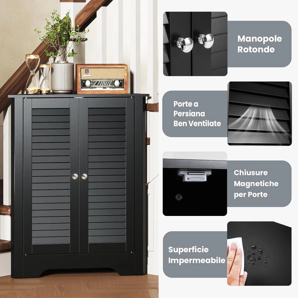 Mobile Angolare, Armadietto ad Angolo con 3 Livelli Ripiani, con 2 Ante e Ripiano Regolabile in Altezza, per Bagno, Ingresso, Soggiorno, Camera da Letto (Nero)