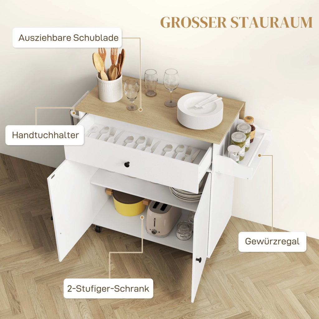 Carrello da Cucina con 1 Cassetto e 2 Ante; Piano Ribaltabile e Ripiano Regolabile; 106x42x87 cm; Bianco