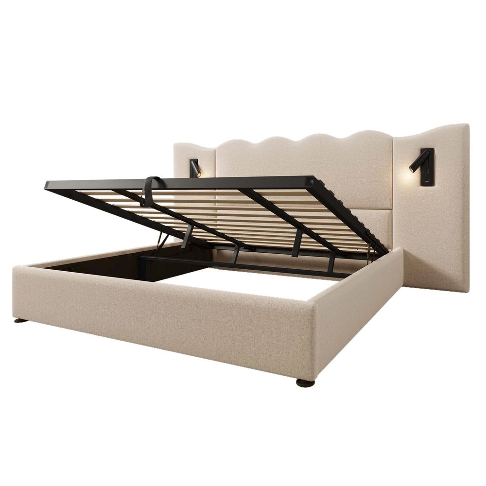 Letto Contenitore Matrimoniale Imbottito ¨C MINIMAL ¨C Beige, Tessuto Lino, 180x200, Rete Doghe Legno Massello, LED, USB