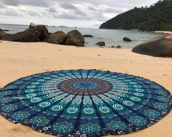 Grande Tenda da Spiaggia Sferica Indiana - Mat Yoga Sferica Boho - Tavolo da Meditazione Coperta - Tappeto da Pic-Nic Manuale 180cm - Mandala Blu