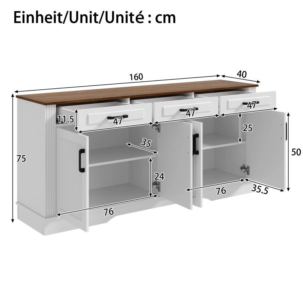 Credenza 160x40x75 cm bianca in MDF， 4 ante e 3 cassetti