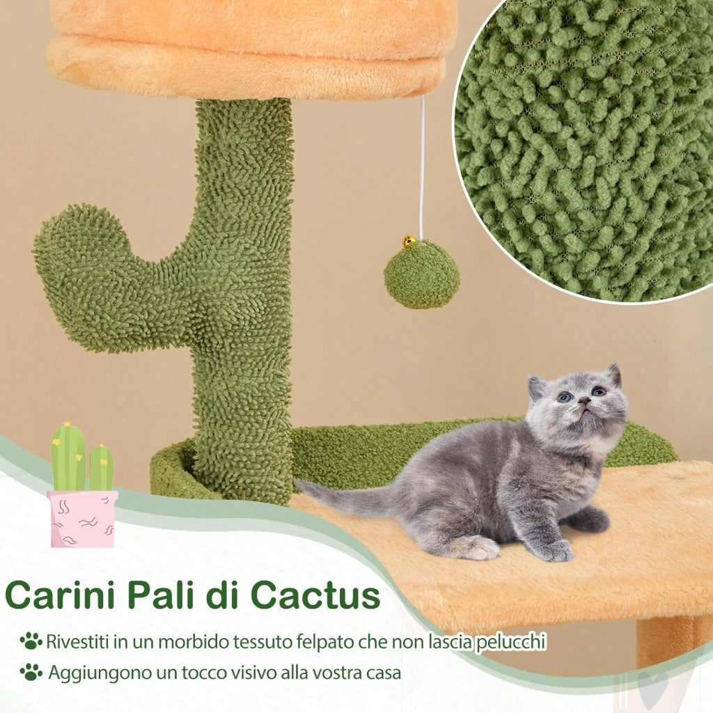 Tiragraffi 160cm, Albero per Gatti con Pali per Graffi in Sisal, Posti a Sedere Imbottiti, Giochi Appesi e Cuccia, Torre per Animali Domestici da Interno a Forma di Cactus, Verde