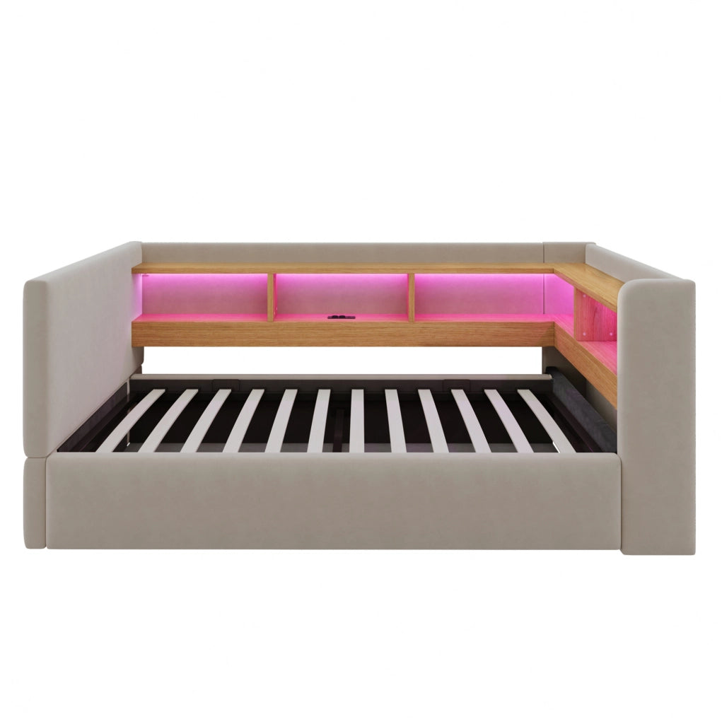 Divano letto 90x190 cm con contenitore idraulico; LED e prese in flanella grigio scuro