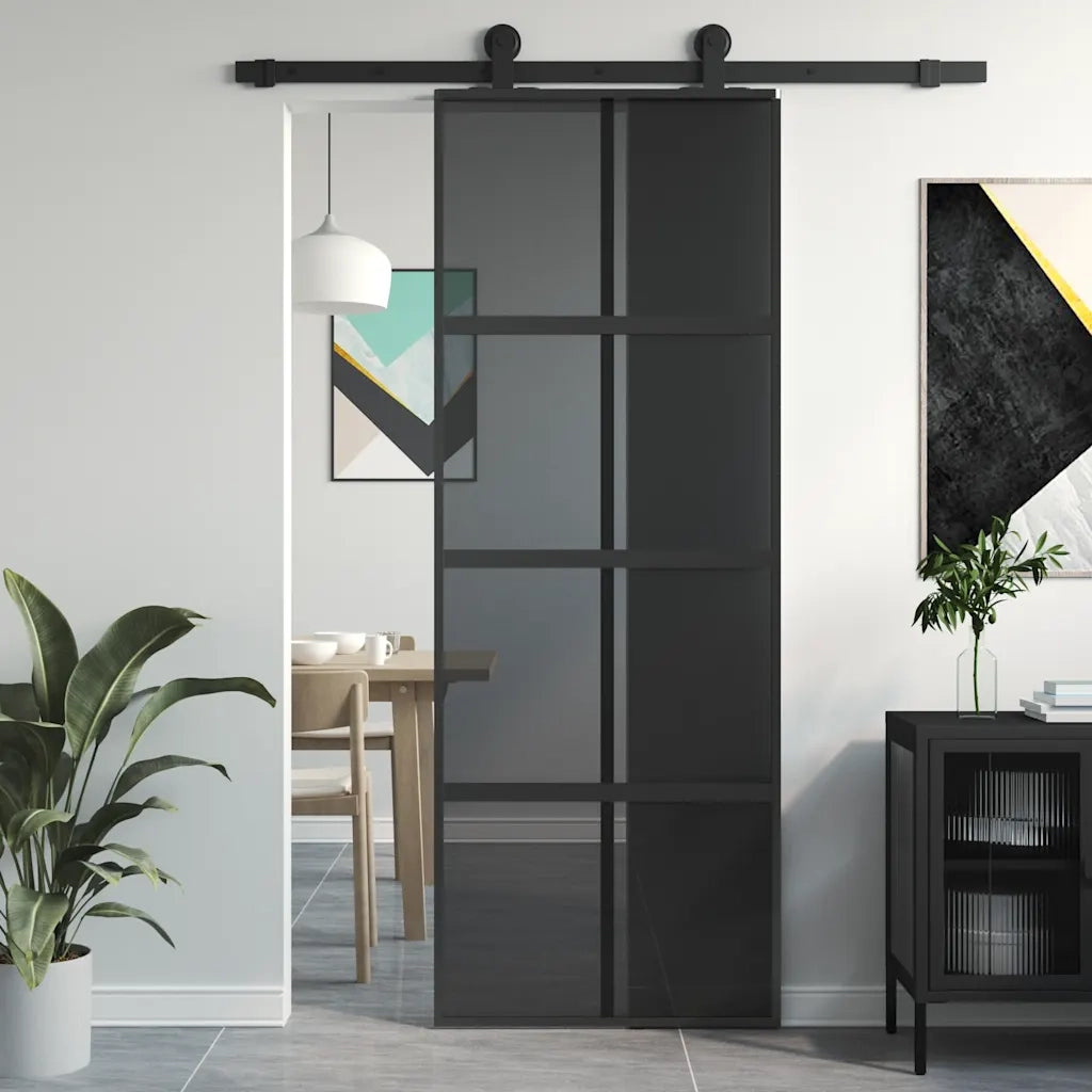 Porta Scorrevole Nera 76x205 cm in Vetro Temperato e Alluminio 155225