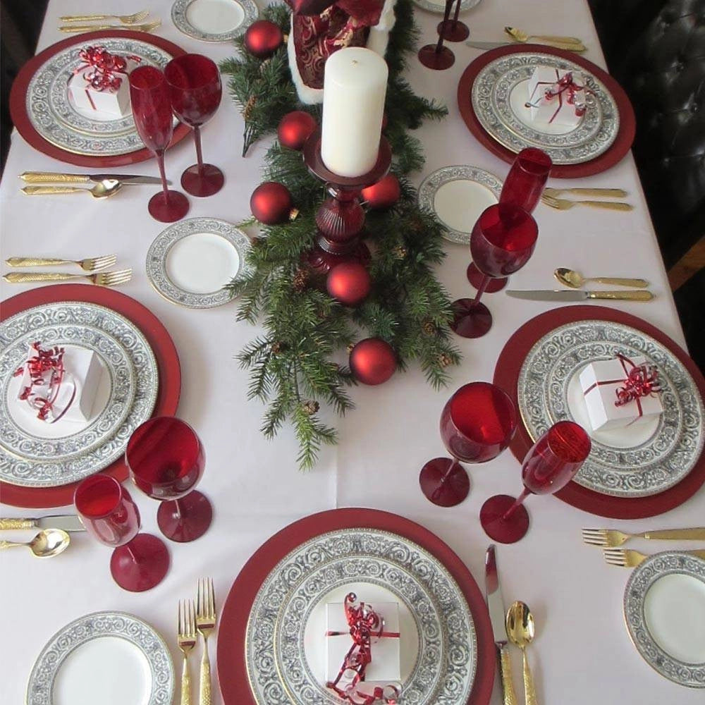 Trade Shop - 6 X Sottopiatti Natalizi In Plastica 33cm Decorazioni Natale Per La Tavola Rosso -