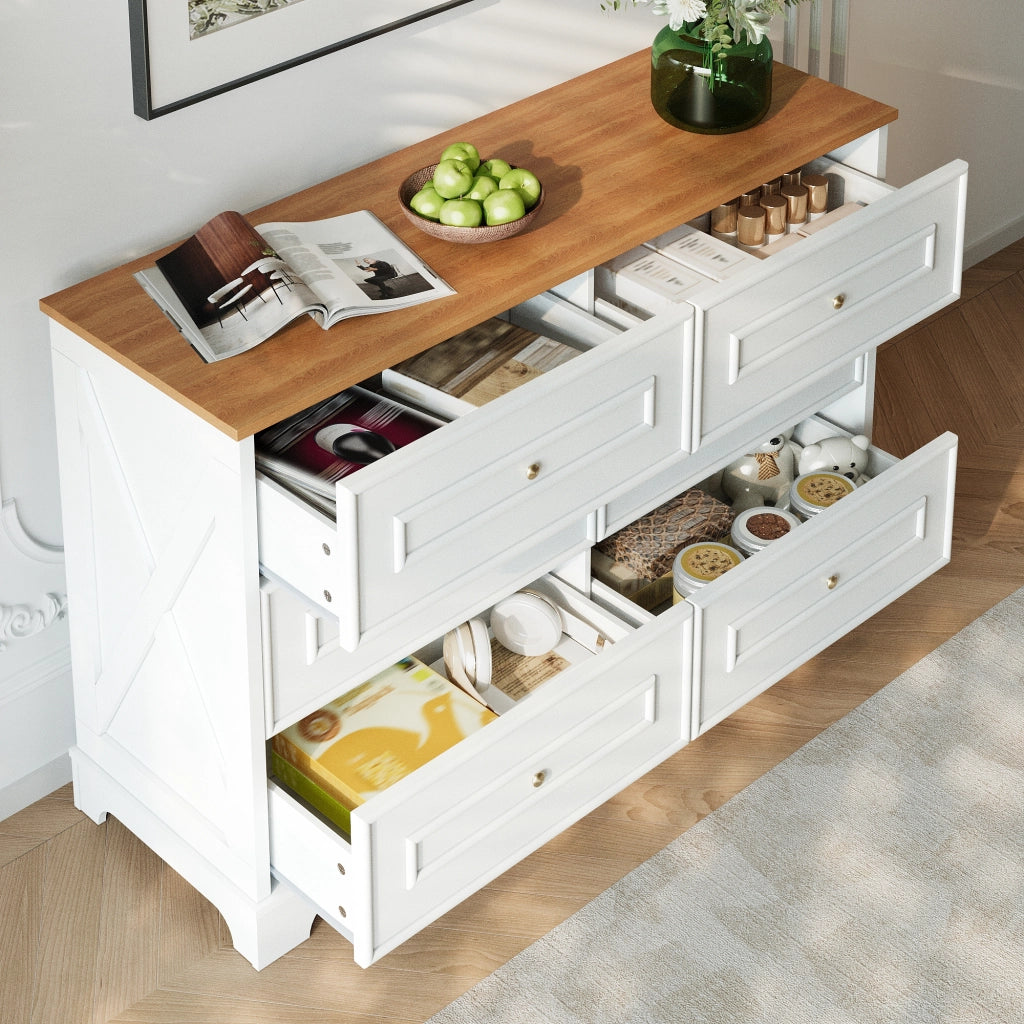 Credenza con 6 Cassetti; Motivo Fienile e Maniglie Dorate; Stile Country; in MDF; 120??40??76 cm; Bianco