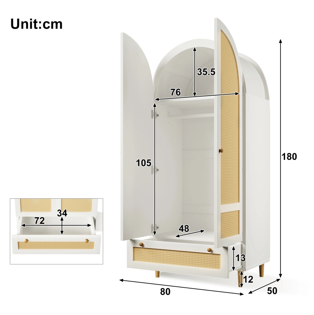 Armadio 80x50x180 cm bianco in MDF, asta appendiabiti e cassetto