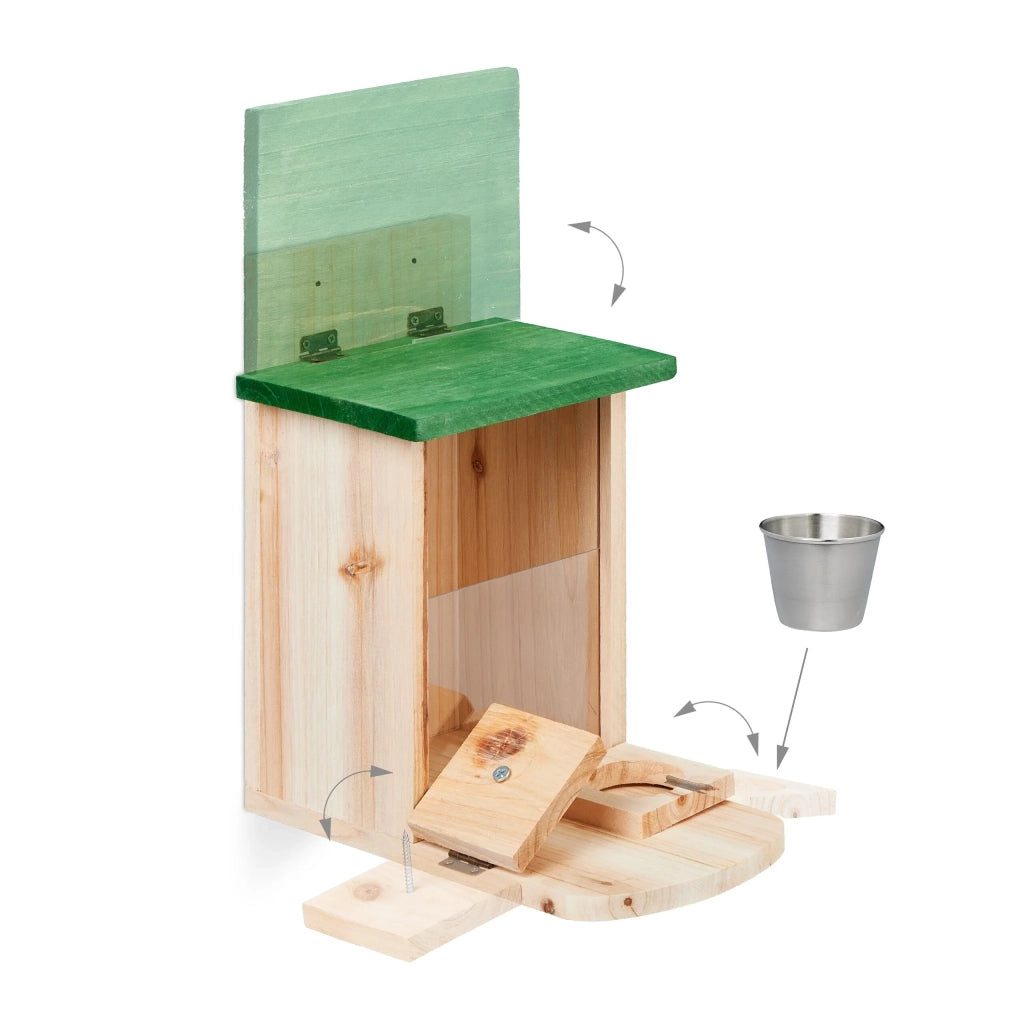 Mangiatoia per scoiattoli da appendere giardino dimensioni 30 x 20 x 20 cm con secchiello per l'acqua e tetto largo in legno naturale 13_0014040