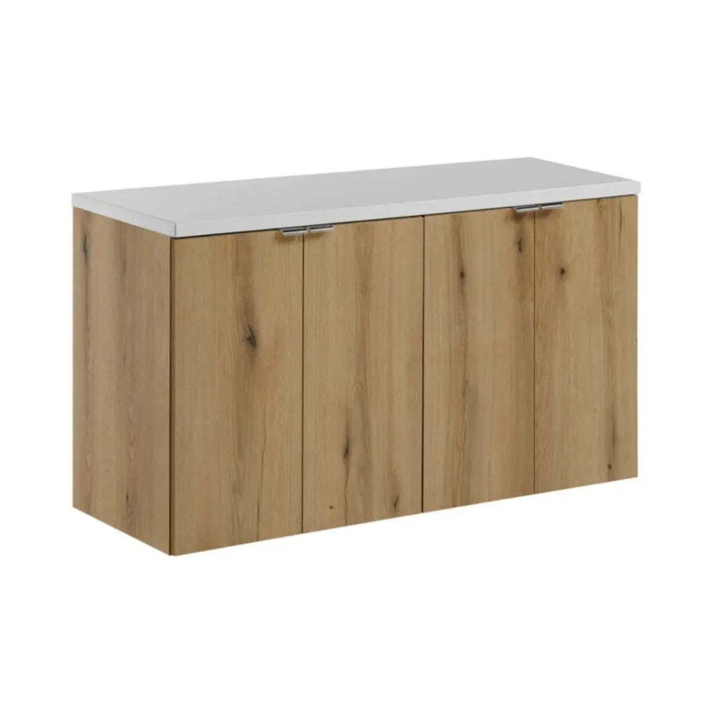 Set da bagno sospeso VANO in rovere e bianco 100cm: mobile sottolavabo con armadietti + piano per lavabo