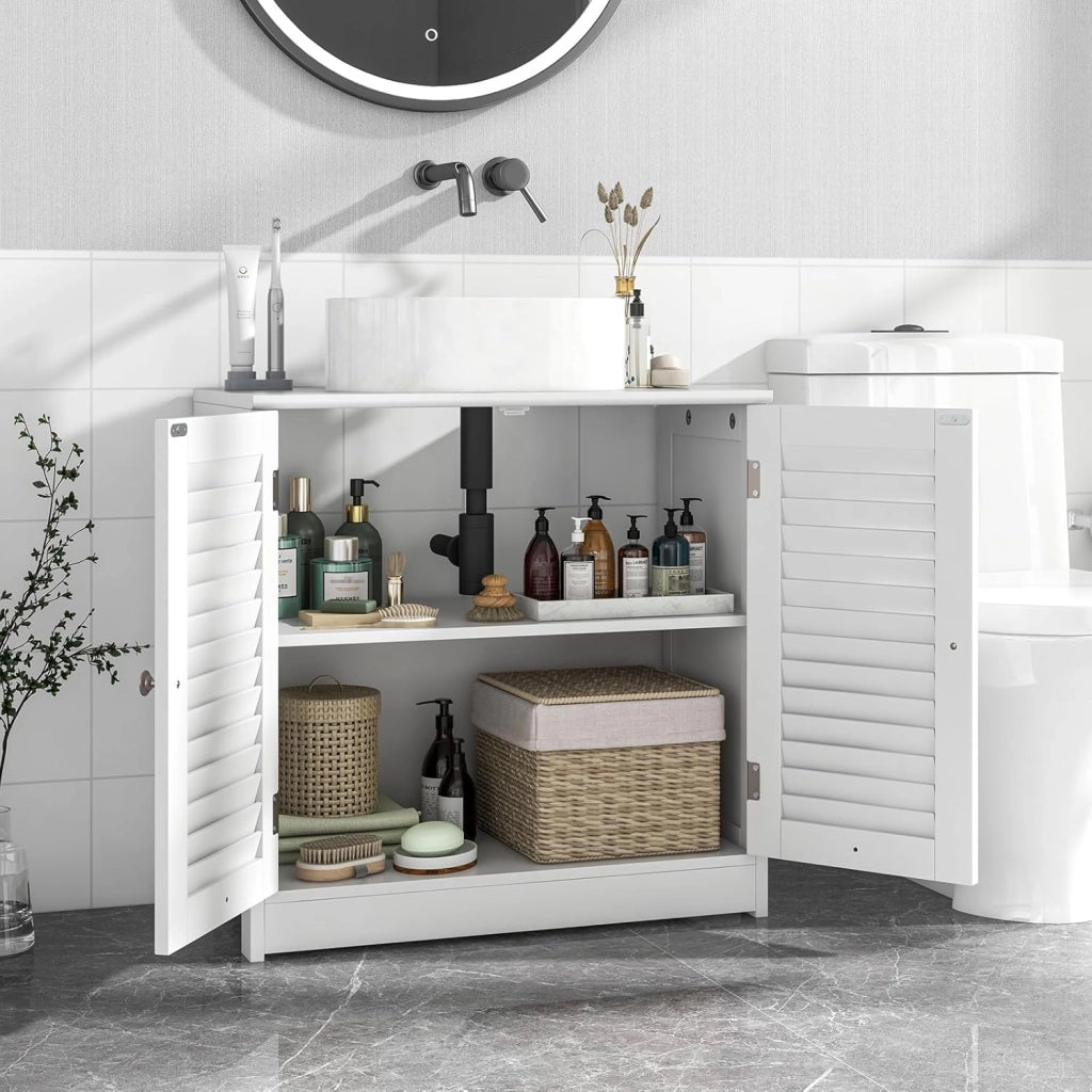 Mobile Sottolavabo per Bagno, Armadietto a Terra con 2 Ante a Persiana, Ripiano e Taglio a U 24 x 20cm, Organizer Moderno e Salvaspazio per Prodotti da Toeletta e Asciugamani, Bianco