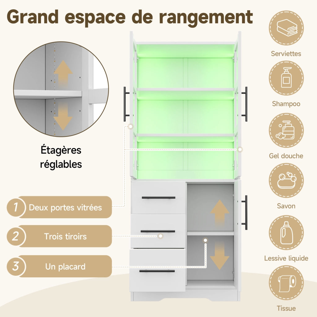 Armadietto da bagno con LED 3 cassetti 3 ante e ripiani regolabili per bagno e soggiorno bianco 72 × 35 × 170 cm
