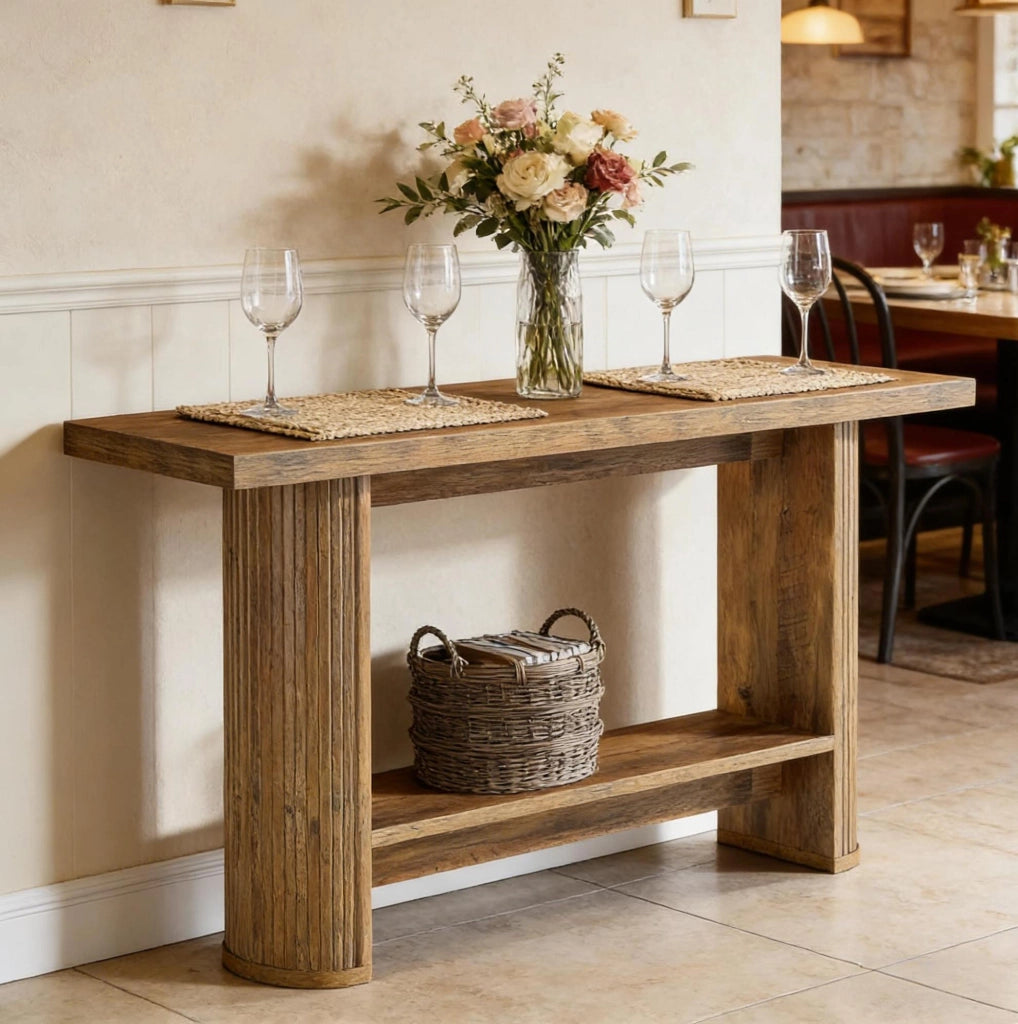 Tavolo consolle elegante e stretto in legno marrone per ingresso e soggiorno