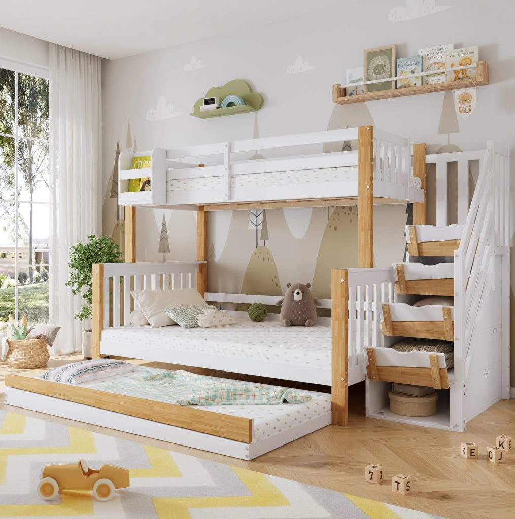 Letto a castello con letto estraibile e scala contenitore; 254x216;5x165 cm; bianco e naturale