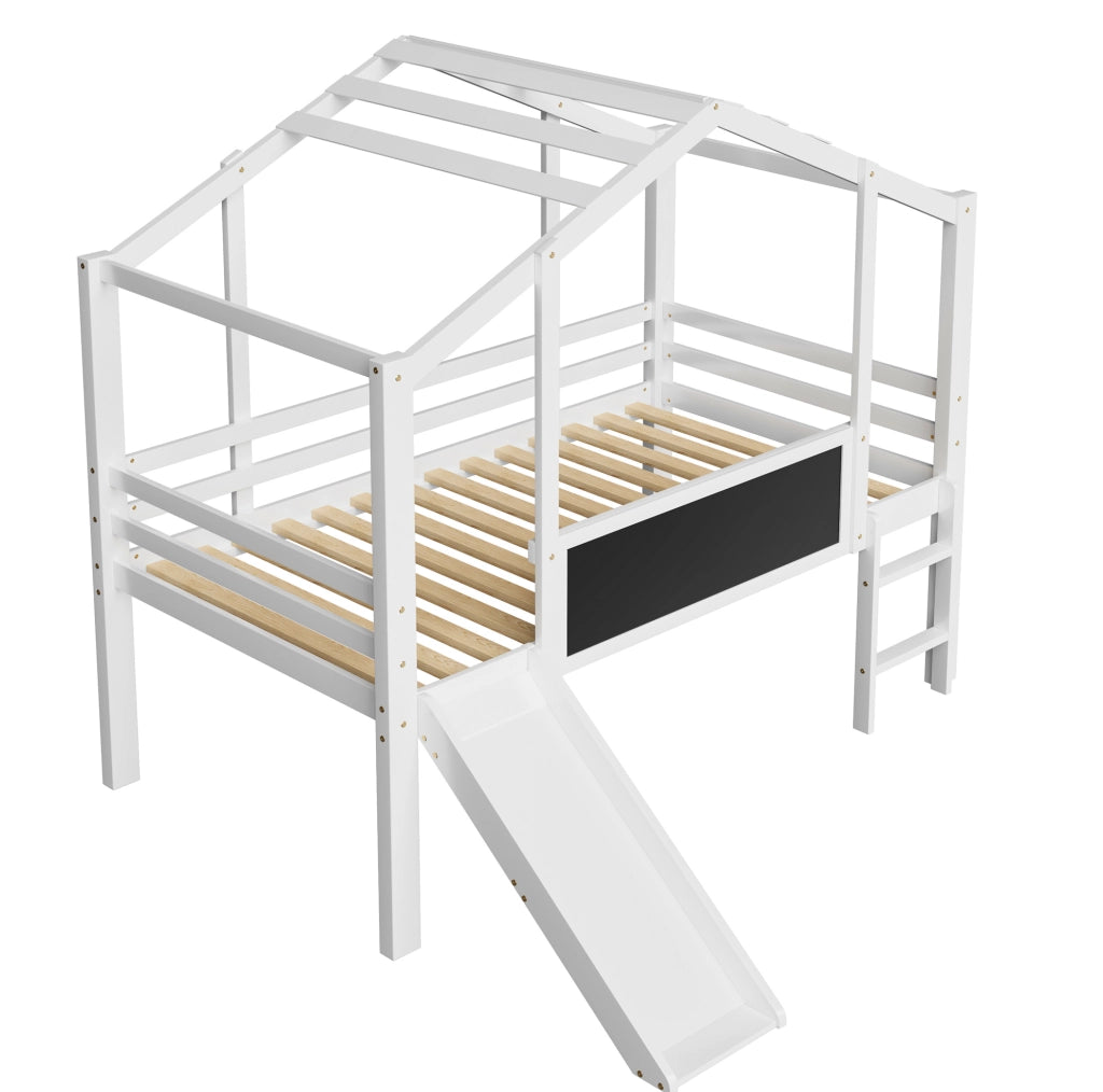 Letto a soppalco per bambini 90x200 cm in legno bianco con scivolo; scala e lavagna