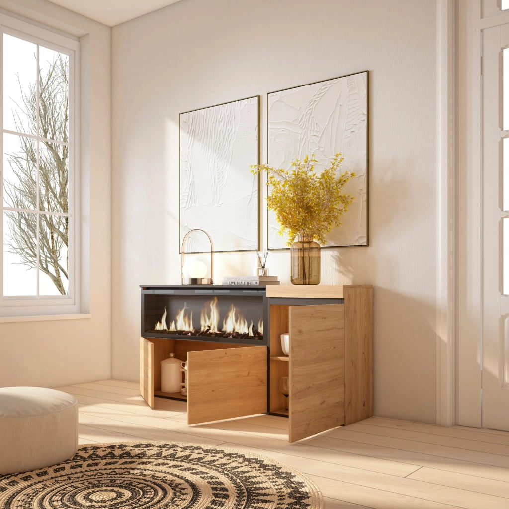 Credenza, Mobile, 158x35x75cm, 3 Porte, Camino elettrico XXL, colore Rovere RF3290