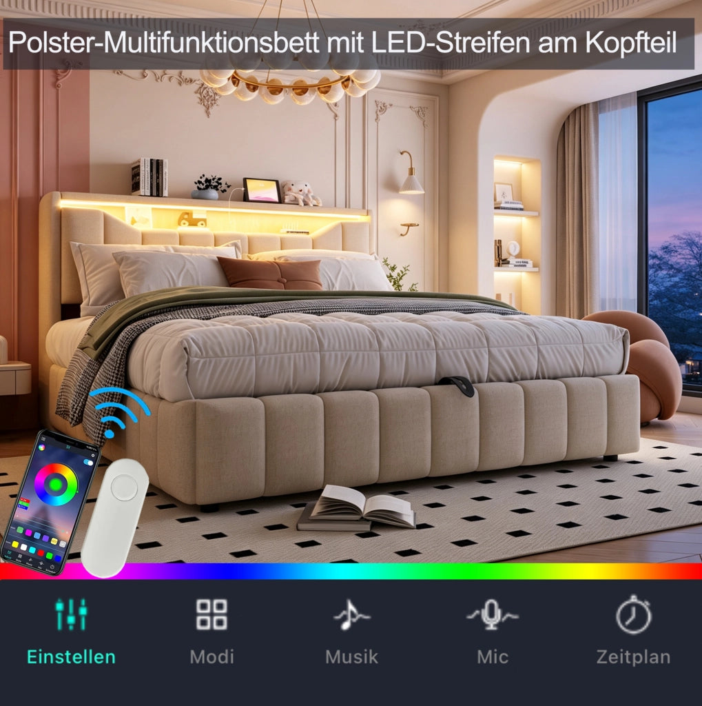 Letto imbottito beige con contenitore idraulico, LED e ricarica USB