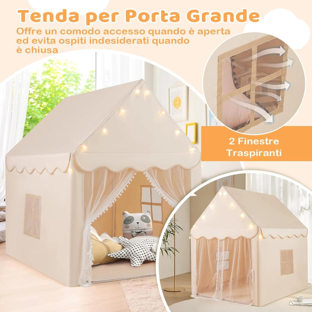 Tenda da Gioco per Bambini, Tenda Castello con Tappetino Lavabile, Luci a Forma di Stella, per Interno ed Esterno, 105 x 121 x 136 cm (Stile 2 Beige)