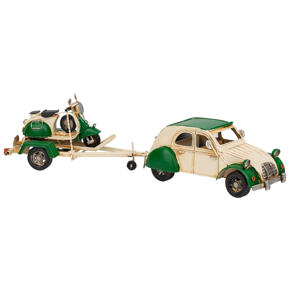 Rimorchio auto con moto in metallo verde 41x9x9,5h