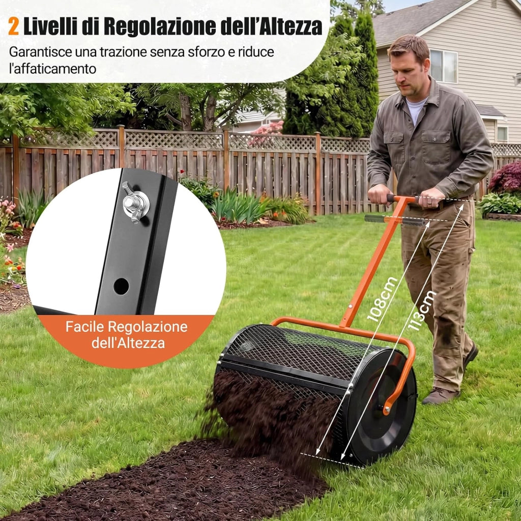 Spandiconcime a Rullo, Rullo da Giardino con Impugnatura Pratica Chiusure Laterali e Rete in Metallo per Concimazione e Semina, Spandiconcime per Prato e Giardino (40 x 61 cm Arancione)