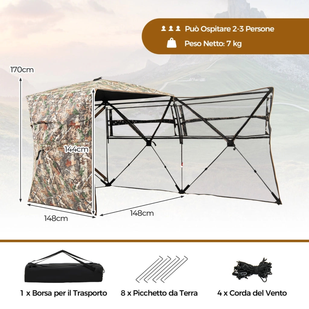 Tenda da caccia per 2-3 persone con borsa da trasporto-Tenda da terra pop-up a visione unidirezionale a 360¡ã