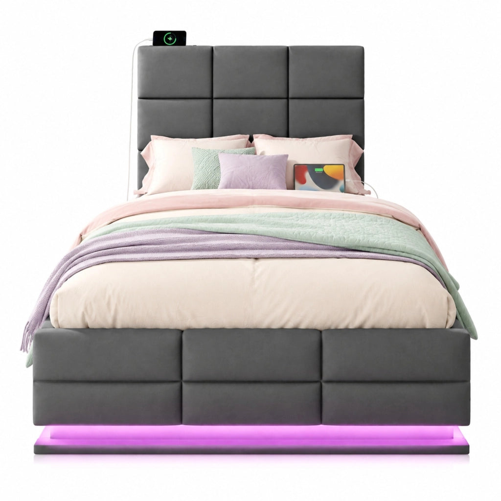 Letto singolo 90x200 cm in velluto grigio scuro con LED e vano contenitore