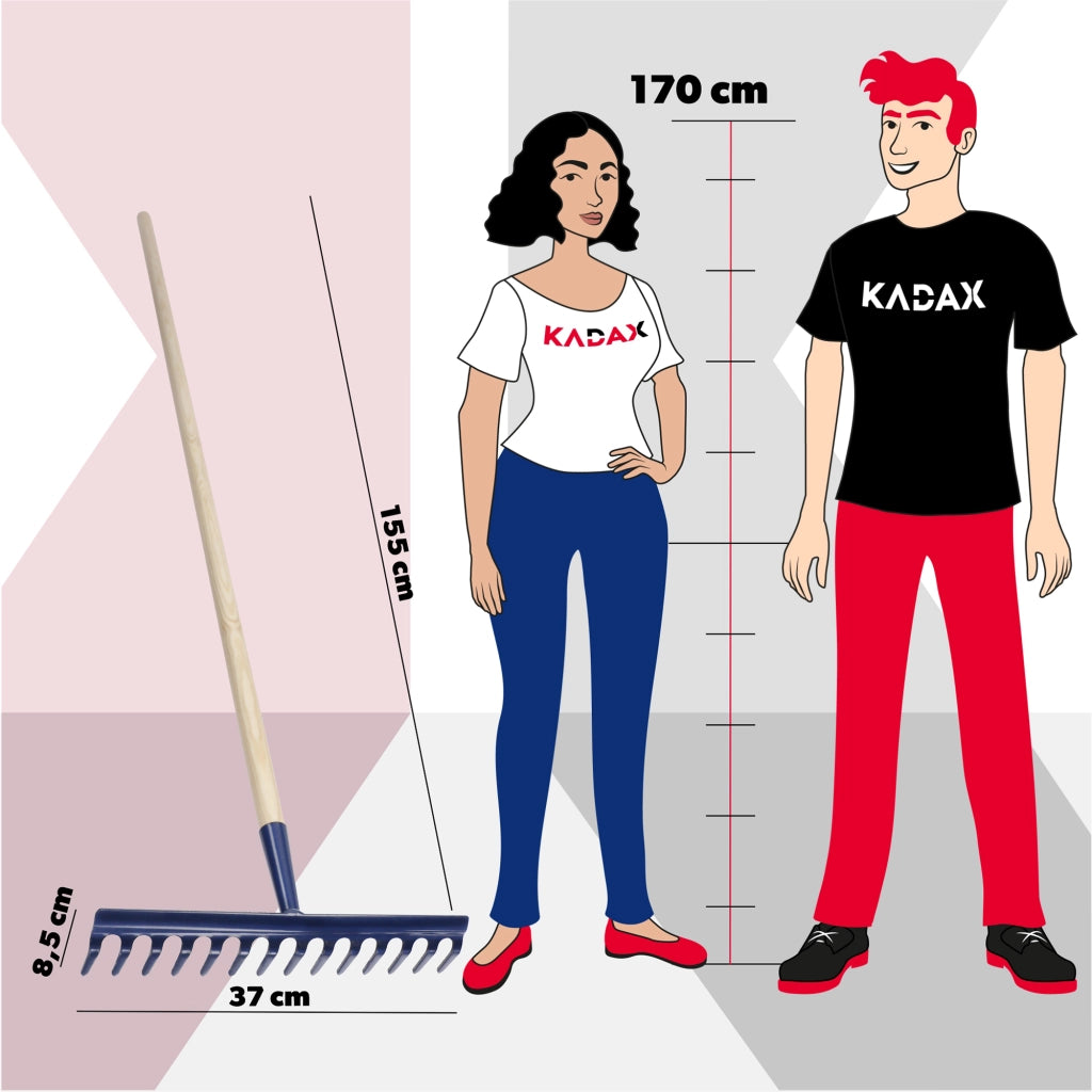 Rastrello da giardino KADAX con manico in legno, lunghezza 150 cm, denti in acciaio temprato, 14 denti.