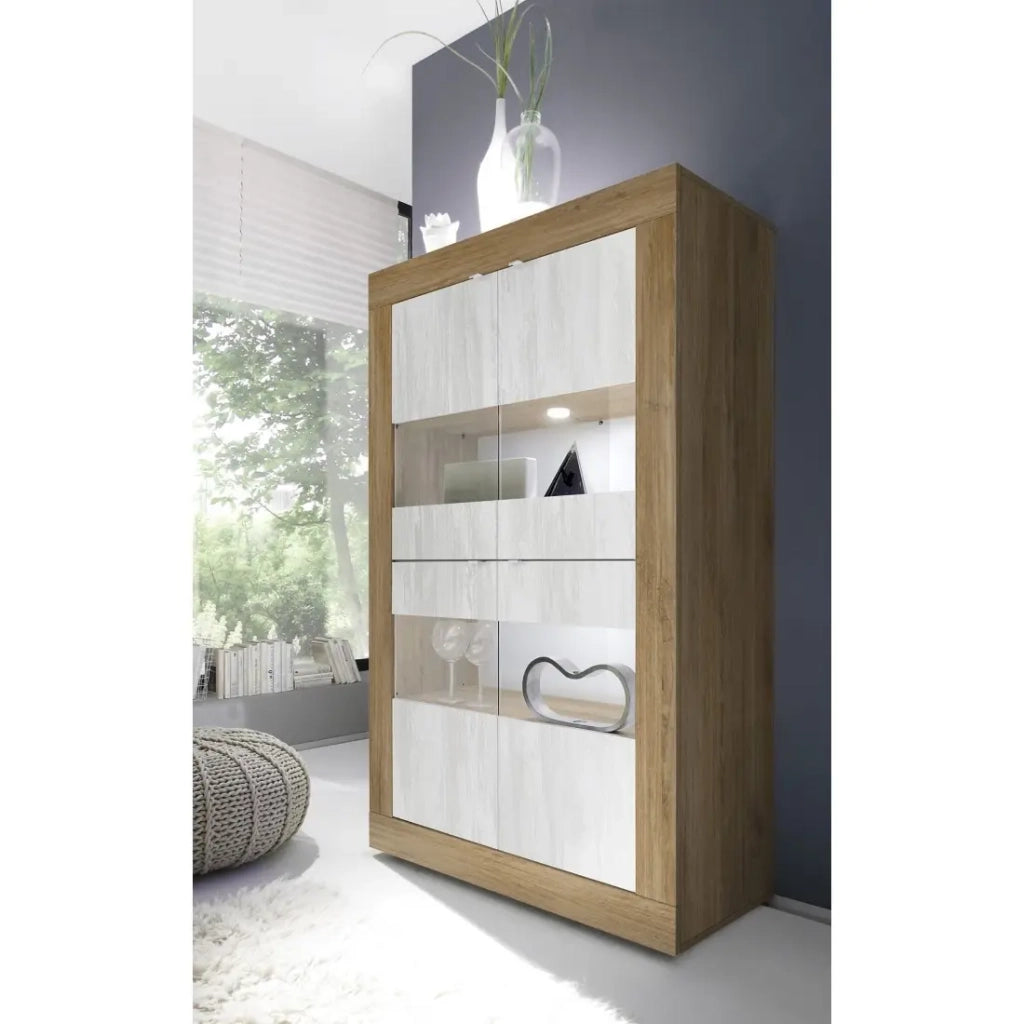 Vetrina design 4 porte collezione ACCESS. Colori bianco e rovere scuro