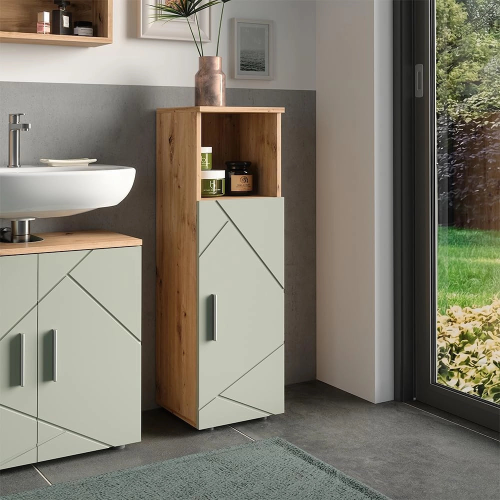 mobiletto bagno Irma, Verde salvia, 30 x 95 cm, Ideale per spazi piccoli e nicchie strette