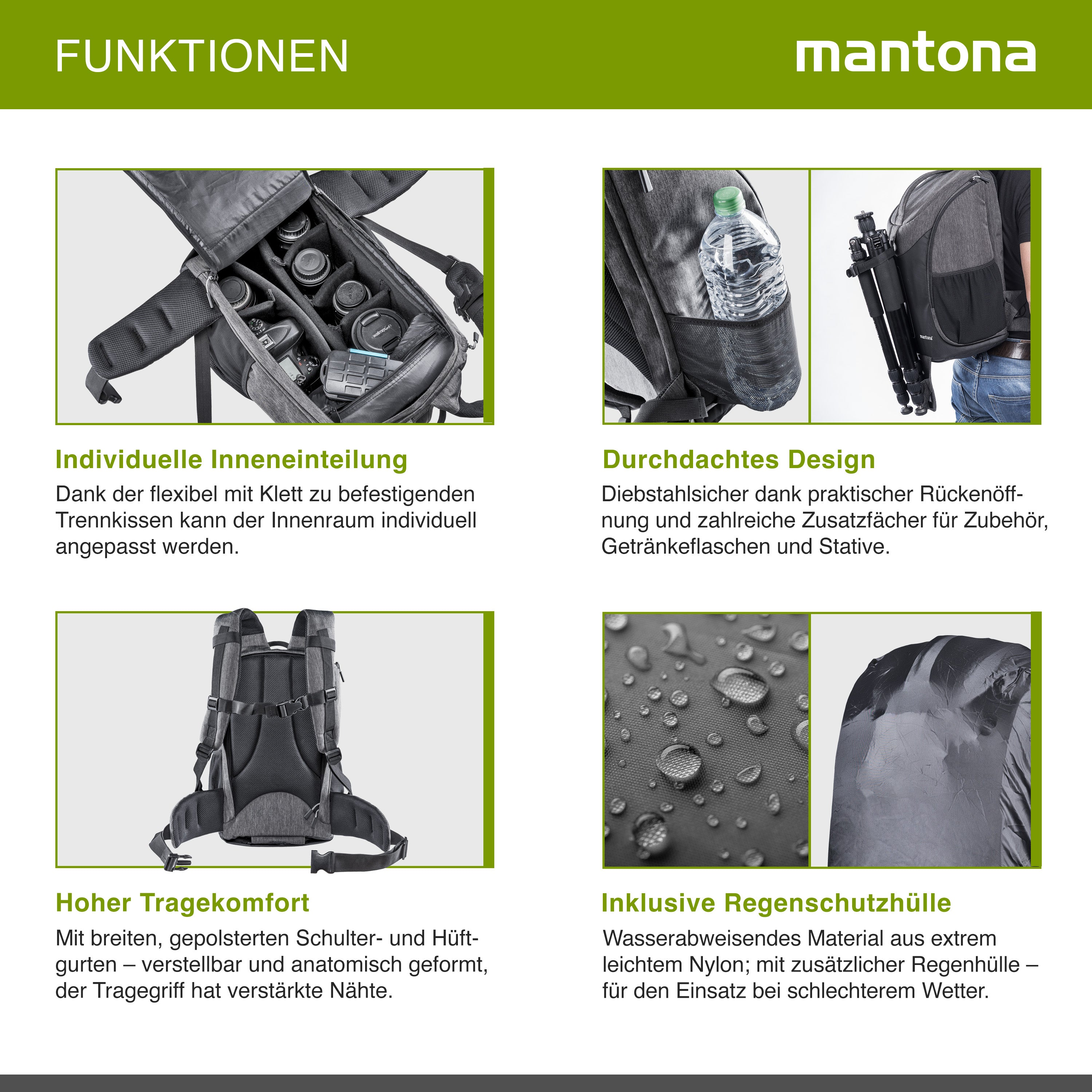 Mantona Tallinn Zaino fotografico per fotocamera SLR DSLR, obiettivi e accessori, con supporto per treppiede e copertura antipioggia, scomparti regolabili