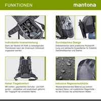 Mantona Tallinn Zaino fotografico per fotocamera SLR DSLR, obiettivi e accessori, con supporto per treppiede e copertura antipioggia, scomparti regolabili