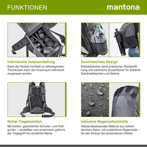 Mantona Tallinn Zaino fotografico per fotocamera SLR DSLR, obiettivi e accessori, con supporto per treppiede e copertura antipioggia, scomparti regolabili