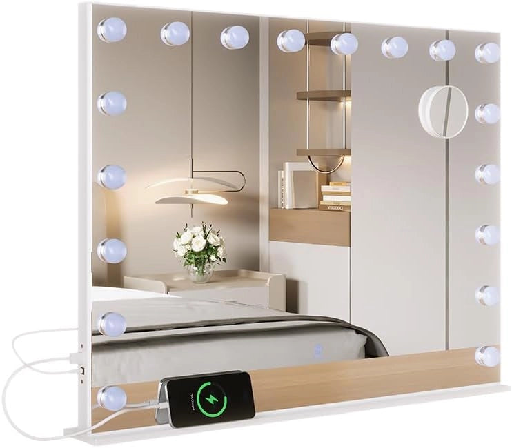 Specchio da toilette Greta, Bianco, 80 x 61 cm con illuminazione a LED, con specchio cosmetico integrato 10x e porta USB