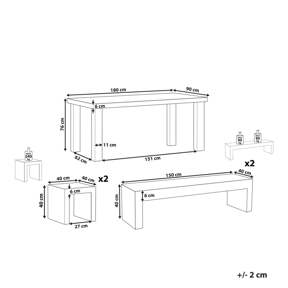 Set da pranzo da giardino Tavolo rettangolare in cemento grigio 2 panche a forma di U 2 sgabelli 6 posti resistente all'acqua