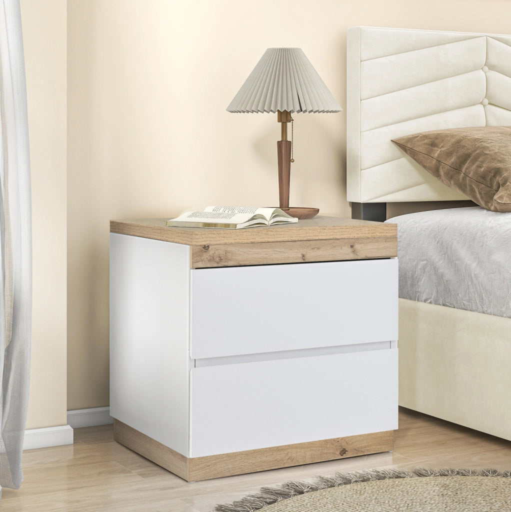 Comodino classico con 2 cassetti; in truciolare E1 bianco e rovere