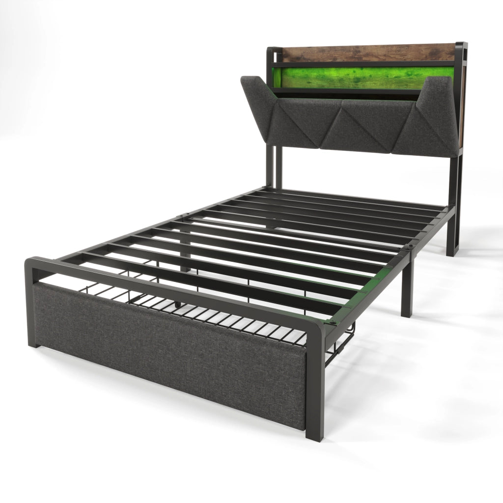 Letto singolo 90x200 cm con testiera contenitore, prese USB Type-C, LED, cassetti, grigio