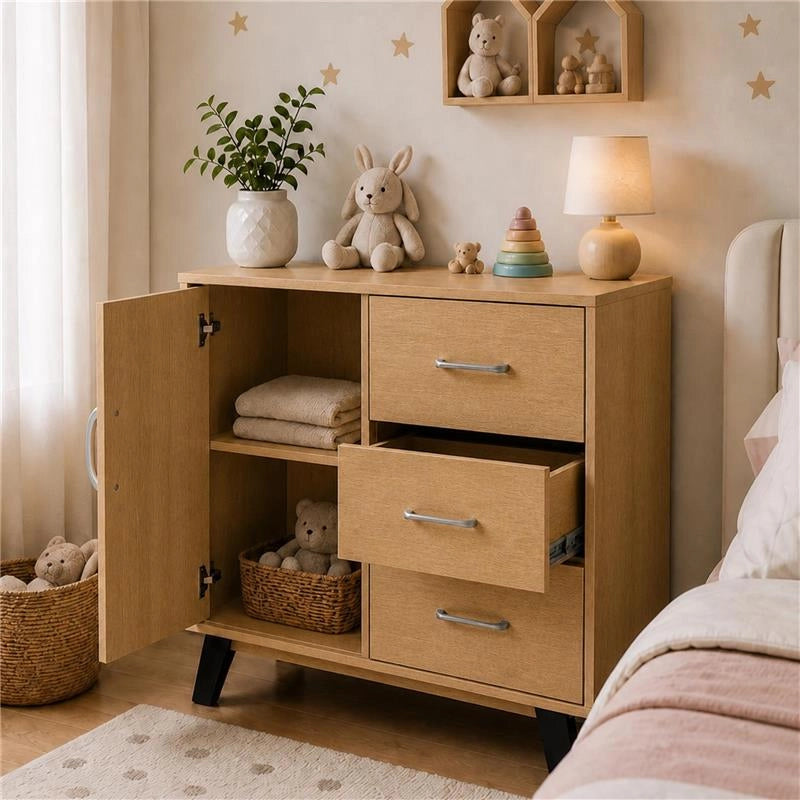 MOBILE MODERNO IN LEGNO CON 3 CASSETTI, 1 ANTA E PIANO D'APPOGGIO COLORE ROVERE DIMENSIONI 80X38X74 CM
