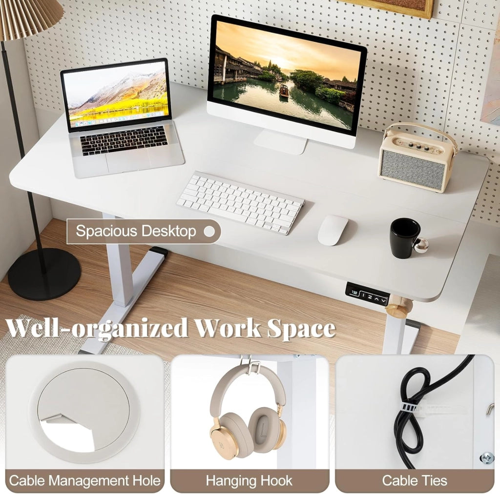 Scrivania elettrica regolabile in altezza, scrivania per computer con supporto per cuffie, funzione memoria e passacavo, tavolo per studio, ufficio, bianco