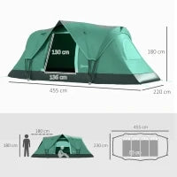 Tenda da Campeggio 6 Posti Idrorepellente con Protezione UV, Pali in Fibra di Vetro, 4.55x2.3x1.8 m, Verde