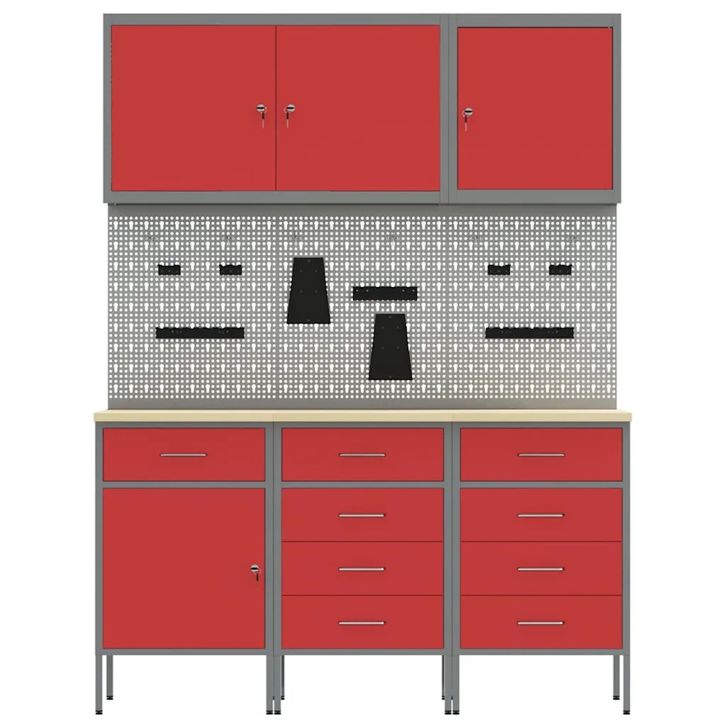 Mobile da lavoro 8 pcs Rosso Legno ingegnerizzato e acciaio 3321447