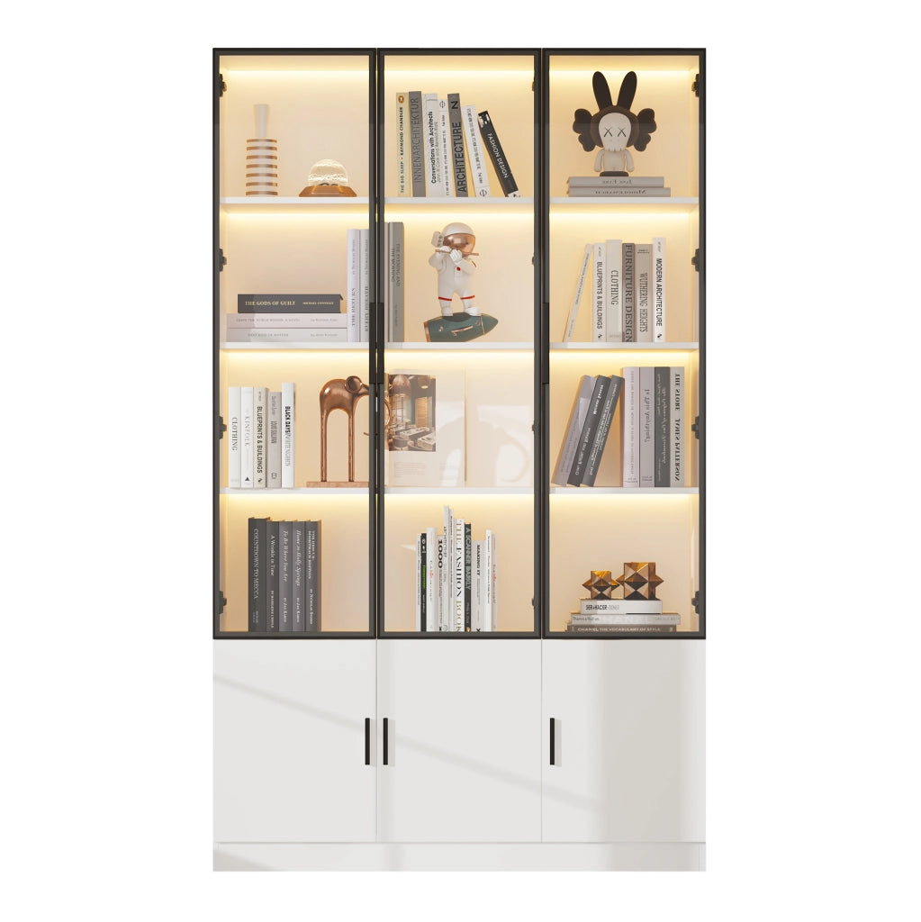 Vetrina alta 120x32x200 cm con 6 ante; LED; MDF e vetro; bianco