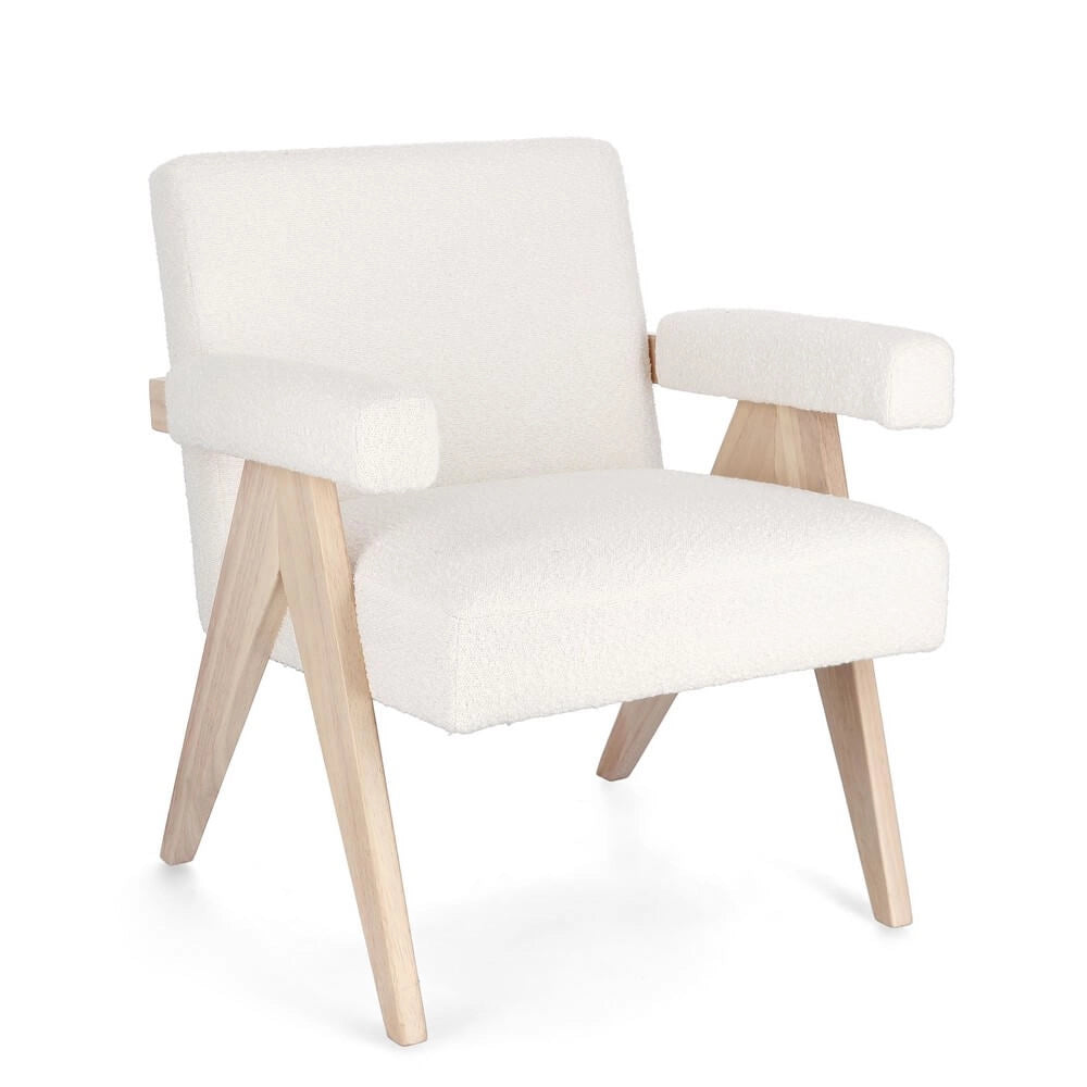 Poltrona con Braccioli in Tessuto Bouclé e Gambe in Legno - YVONNE
