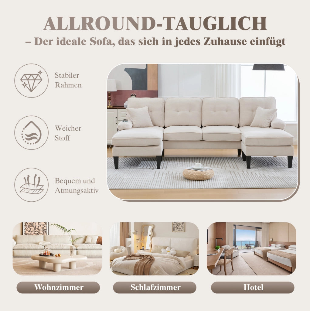Divano a U a 4 posti con due chaise longue; tessuto in lino beige; 250x130x88 cm