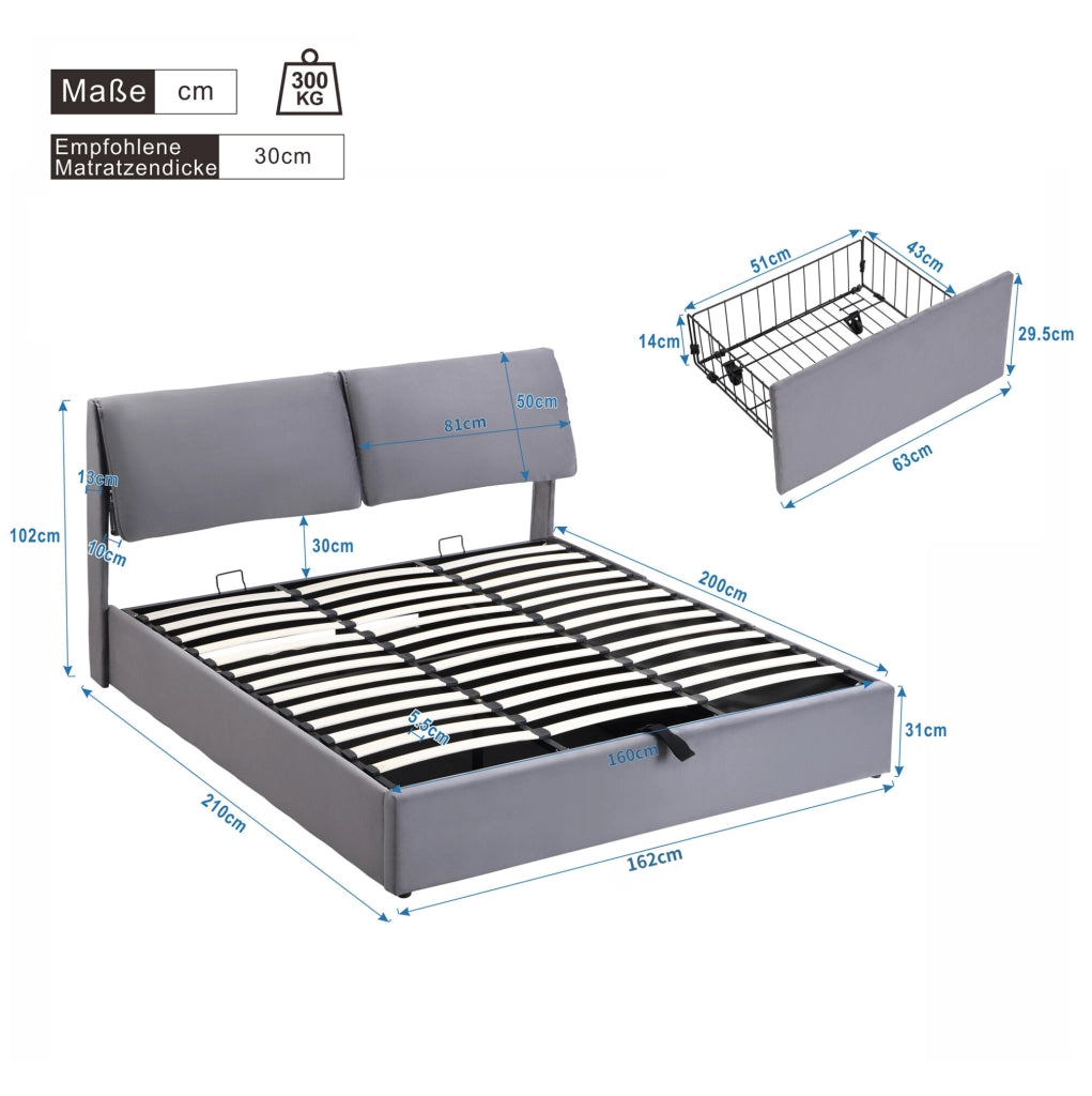 Letto imbottito 160x200 cm in velluto grigio con contenitore; 3 cassetti e testiera regolabile